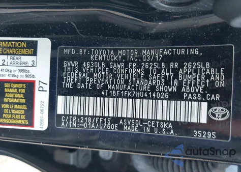 2017 Toyota Camry Se from USA, damaged, VIN 4T1BF1FK7HU414026
